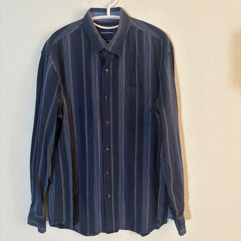 Tommy Bahama Button Down Mens Large Navy Blue Striped Silk Blend